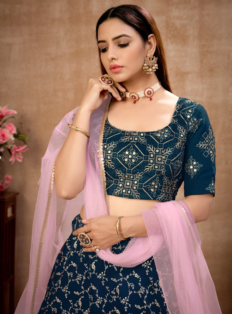 Navy blue georgette thread embroidered work ceremonial lehenga choli