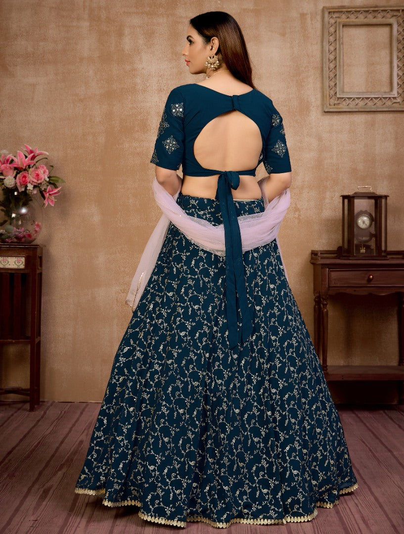 Navy blue georgette thread embroidered work ceremonial lehenga choli