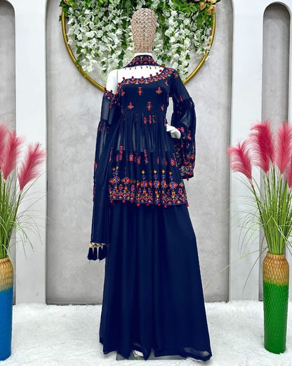 Navy blue georgette thread sequence work designer palazzo suit