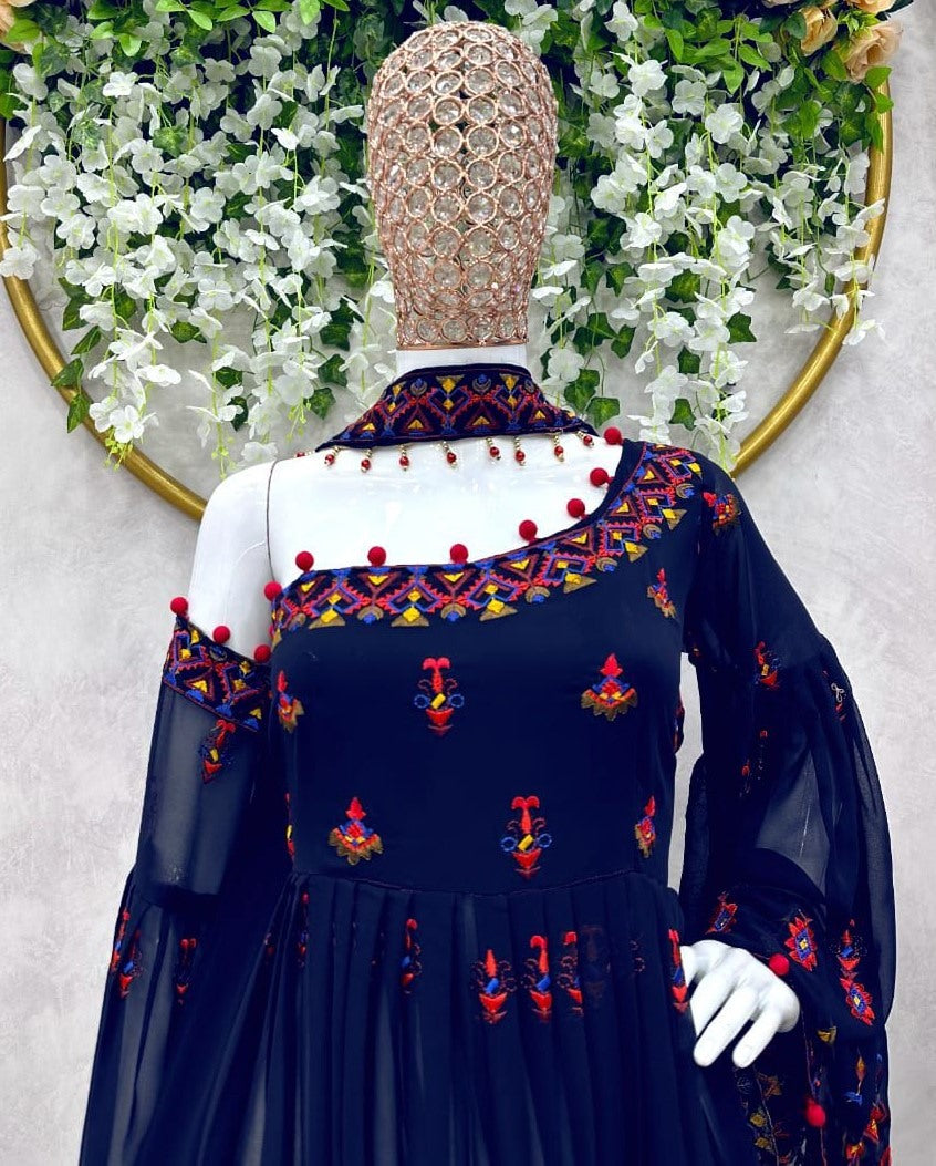 Navy blue georgette thread sequence work designer palazzo suit