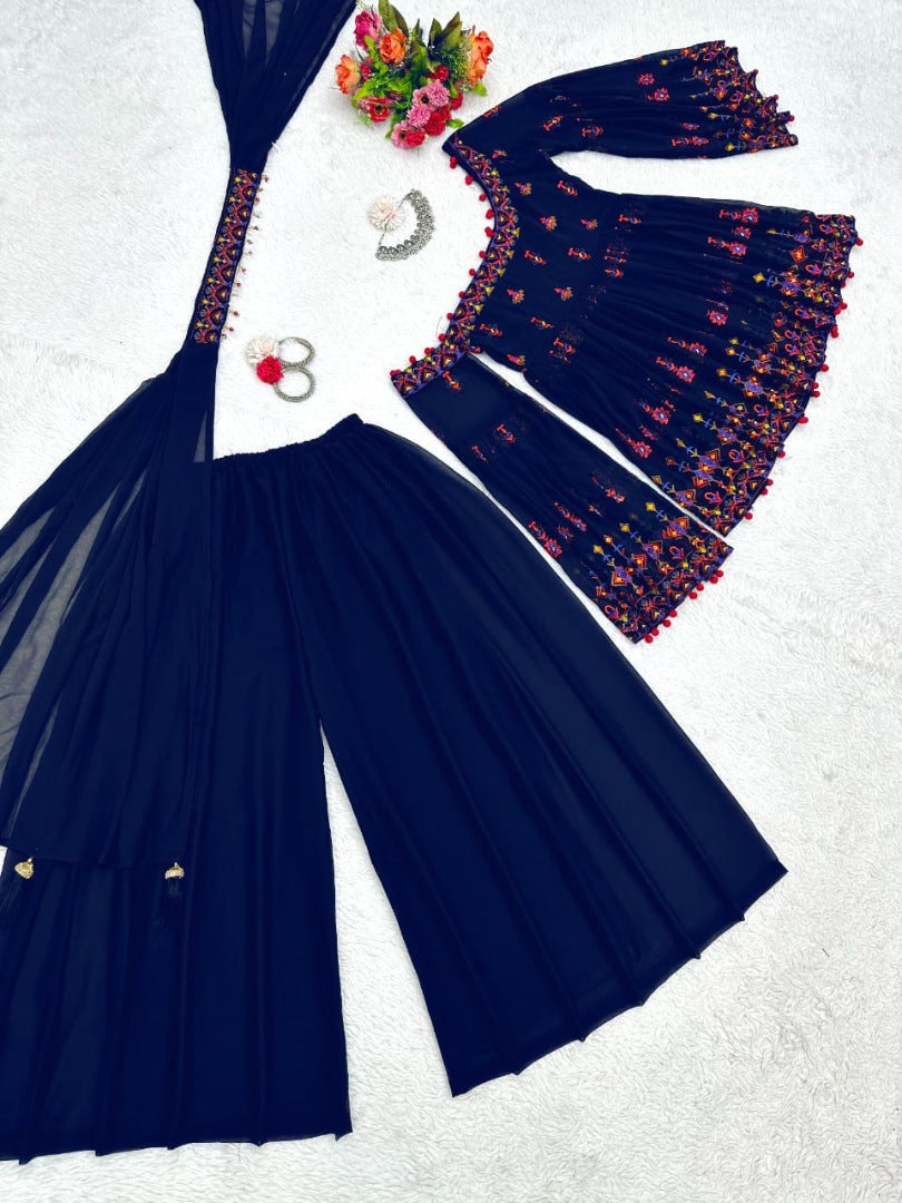 Navy blue georgette thread sequence work designer palazzo suit