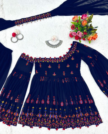 Navy blue georgette thread sequence work designer palazzo suit