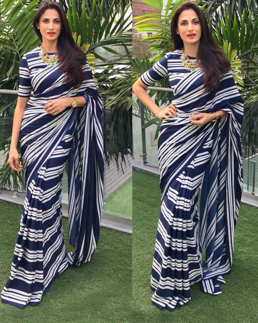 navy blue georgette white strip printed partywear saree