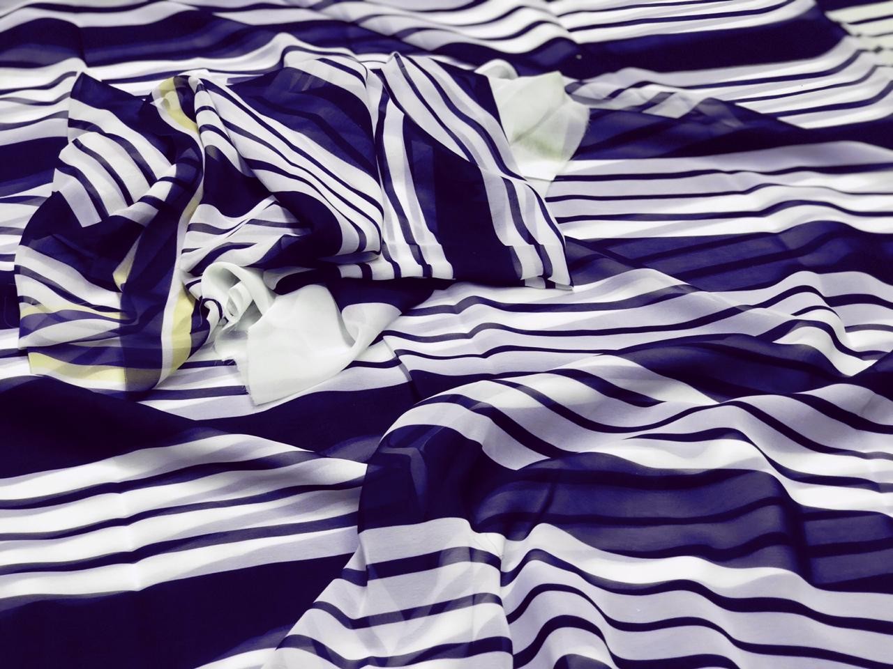 navy blue georgette white strip printed partywear saree