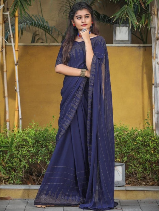 Navy blue georgette with digital printed saree