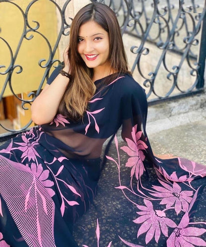 Navy blue georgette with digital printed work saree
