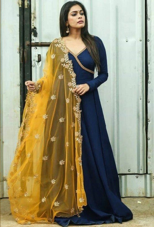 Navy blue georgette with ready made lace party wear gown