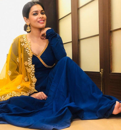 Navy blue georgette with ready made lace party wear gown