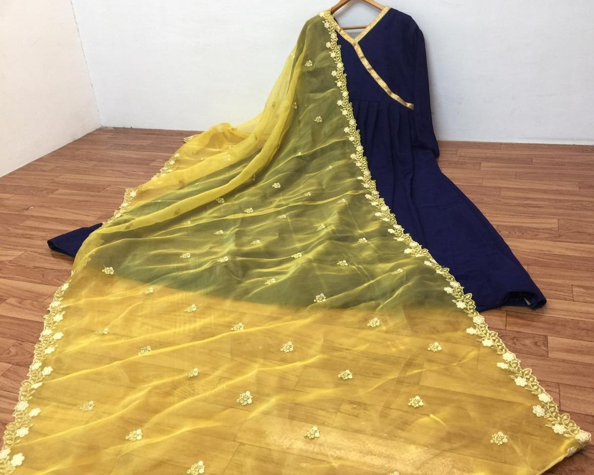 Navy blue georgette with ready made lace party wear gown