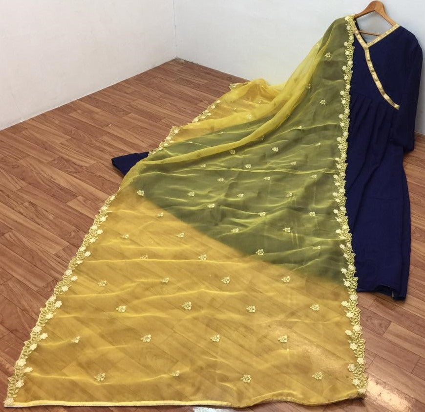 Navy blue georgette with ready made lace party wear gown