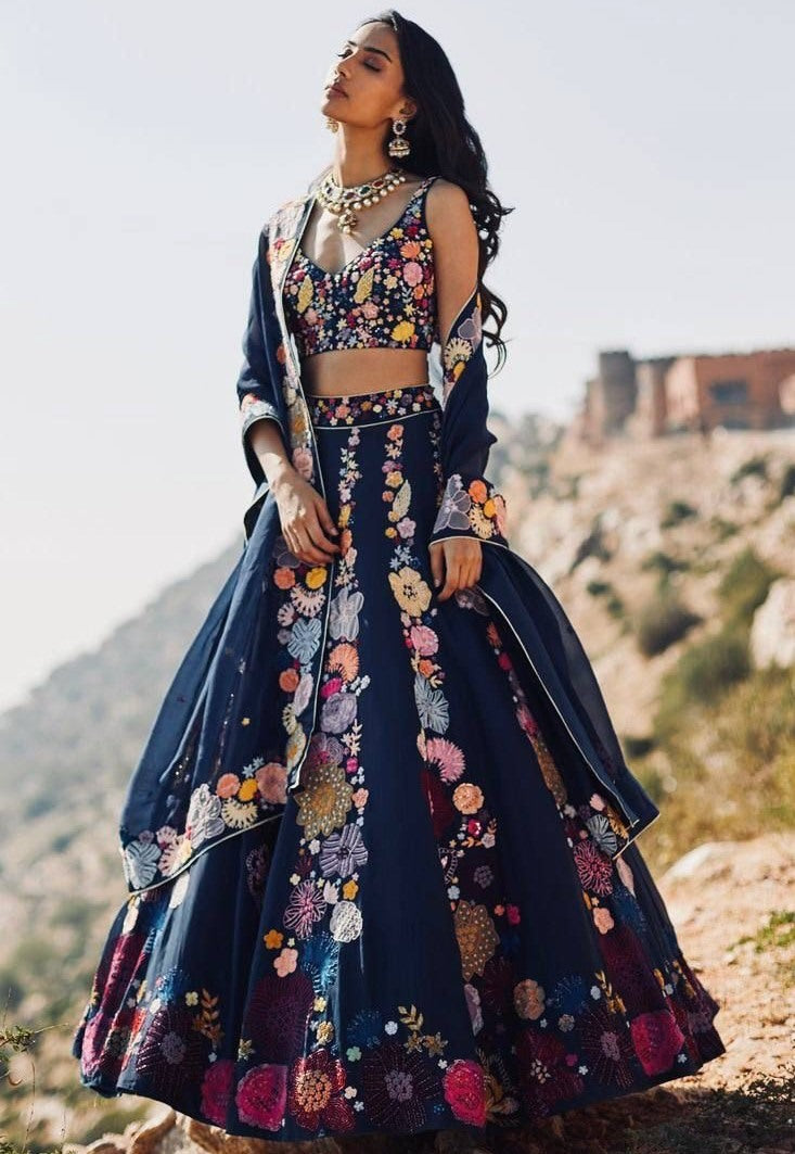 Navy blue gota silk flower printed lehenga choli