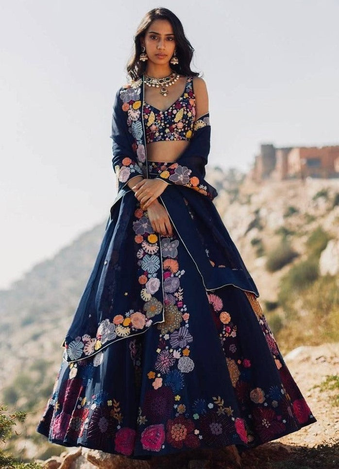 Navy blue gota silk flower printed lehenga choli