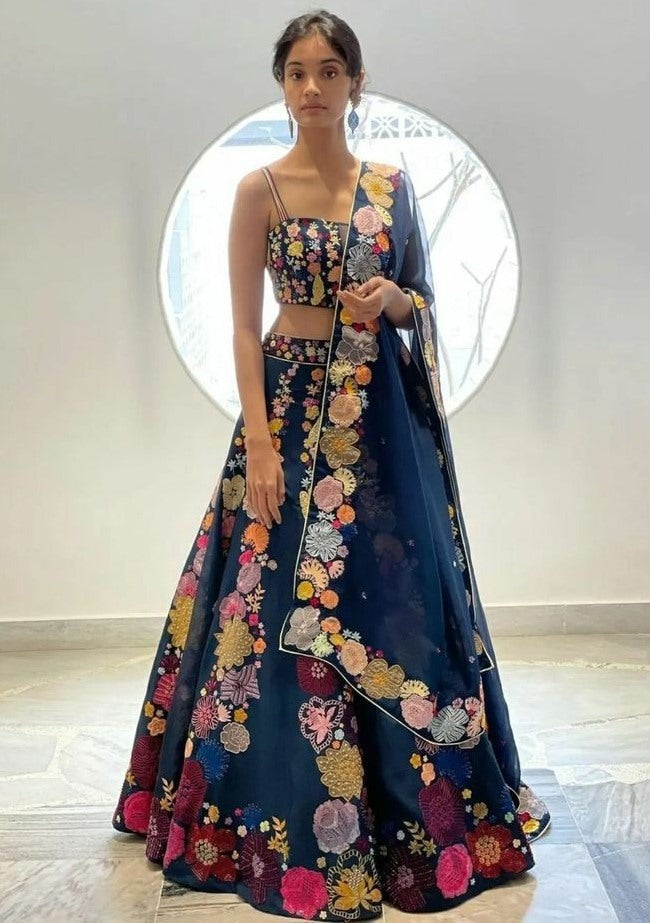 Navy blue gota silk flower printed lehenga choli