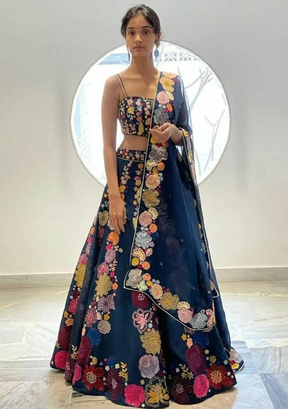 Navy blue gota silk flower printed lehenga choli
