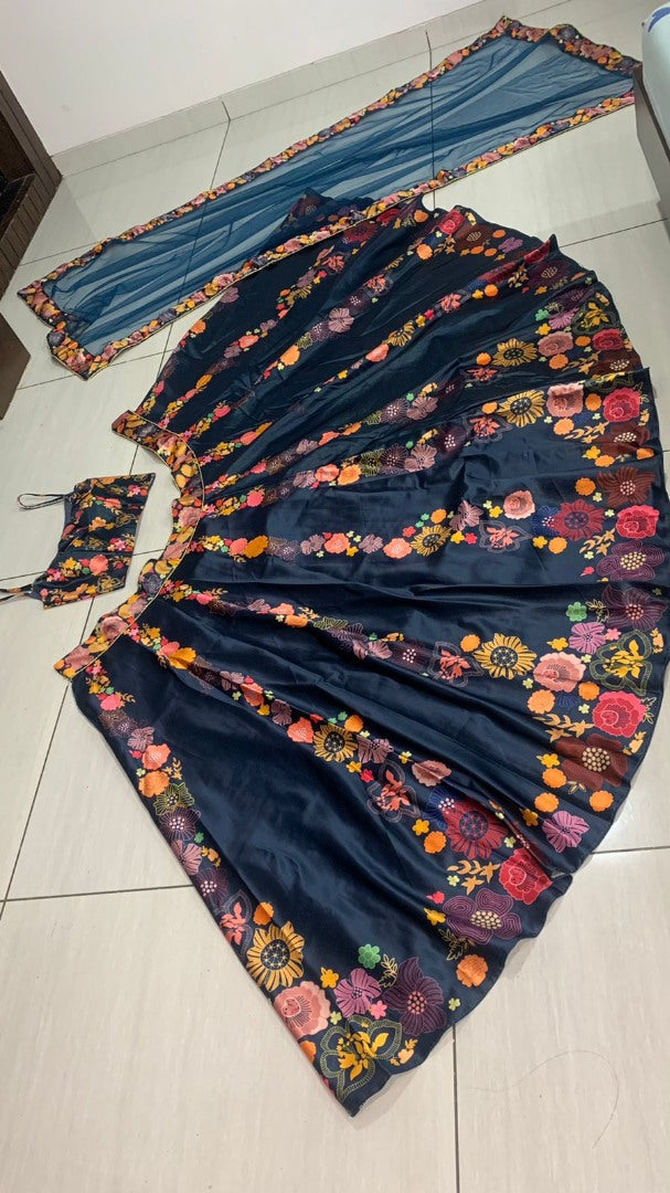 Navy blue gota silk flower printed lehenga choli