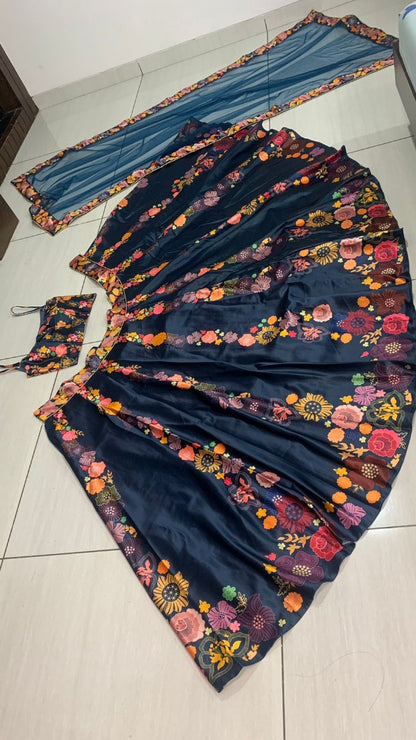 Navy blue gota silk flower printed lehenga choli
