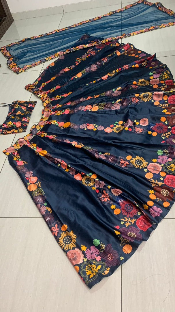 Navy blue gota silk flower printed lehenga choli
