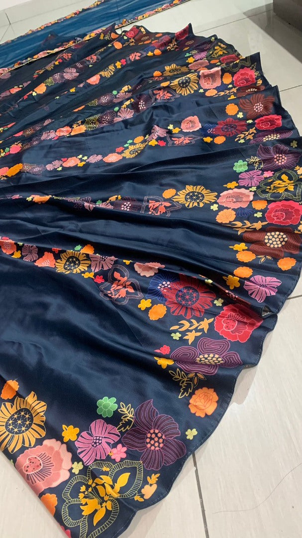 Navy blue gota silk flower printed lehenga choli