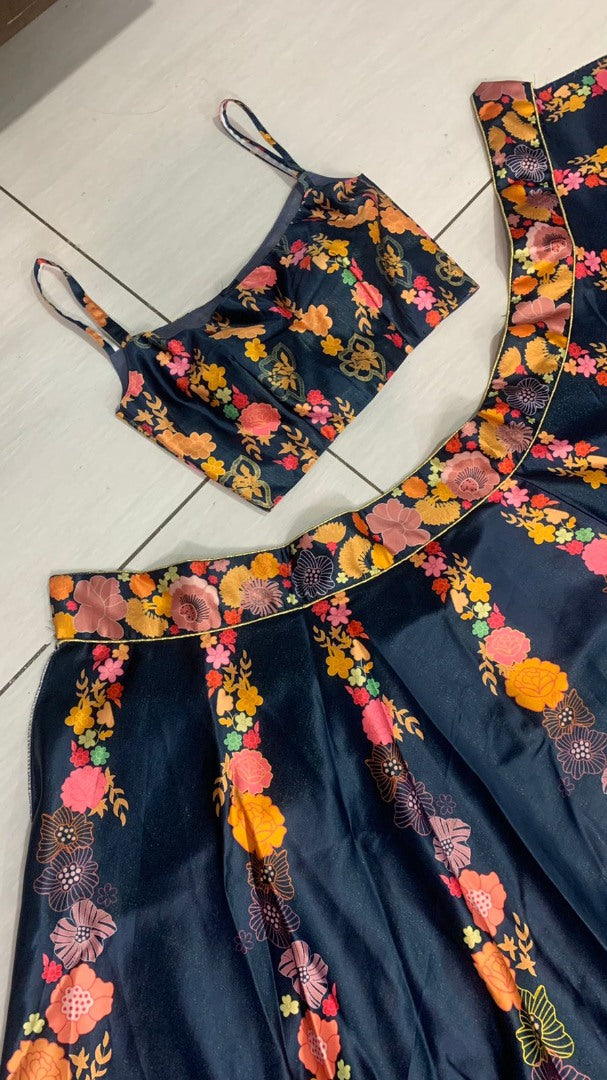 Navy blue gota silk flower printed lehenga choli