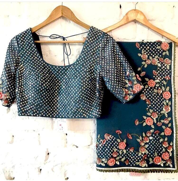 Navy blue heavy designer embroidered wedding saree