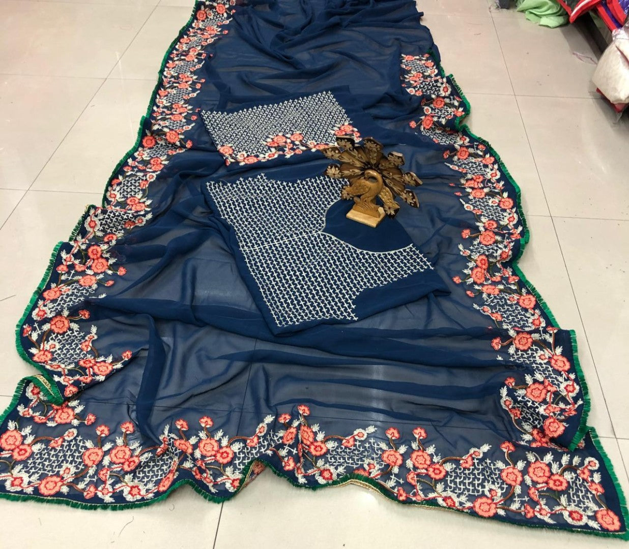 Navy blue heavy designer embroidered wedding saree