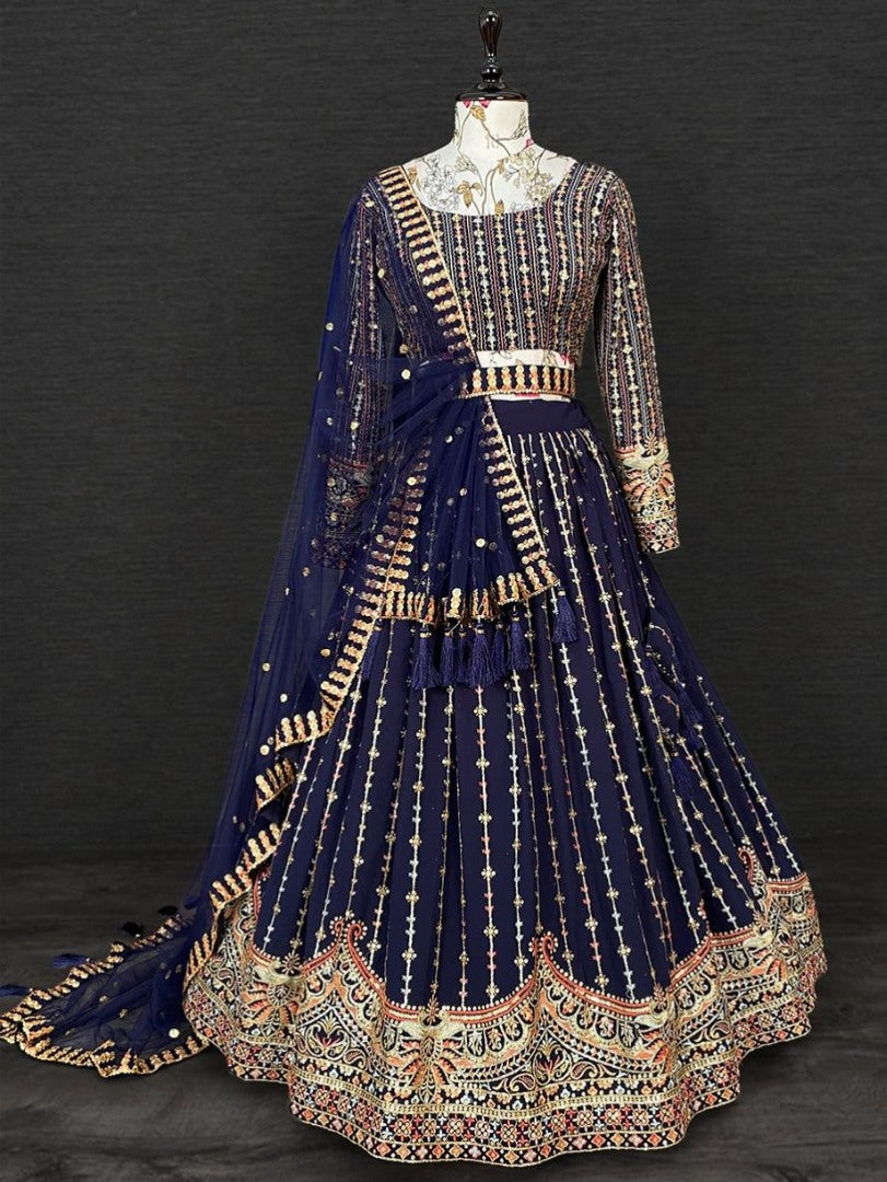 Navy blue heavy embroidered designer wedding lehenga choli