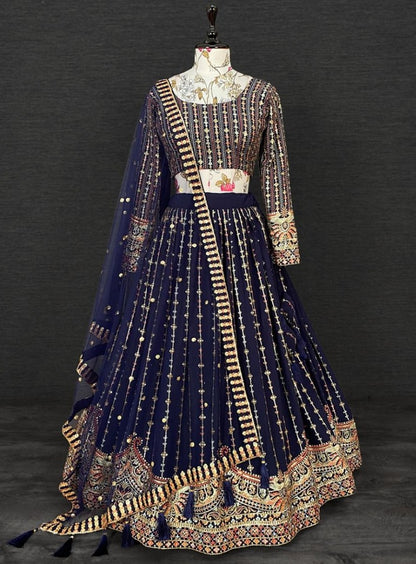 Navy blue heavy embroidered designer wedding lehenga choli