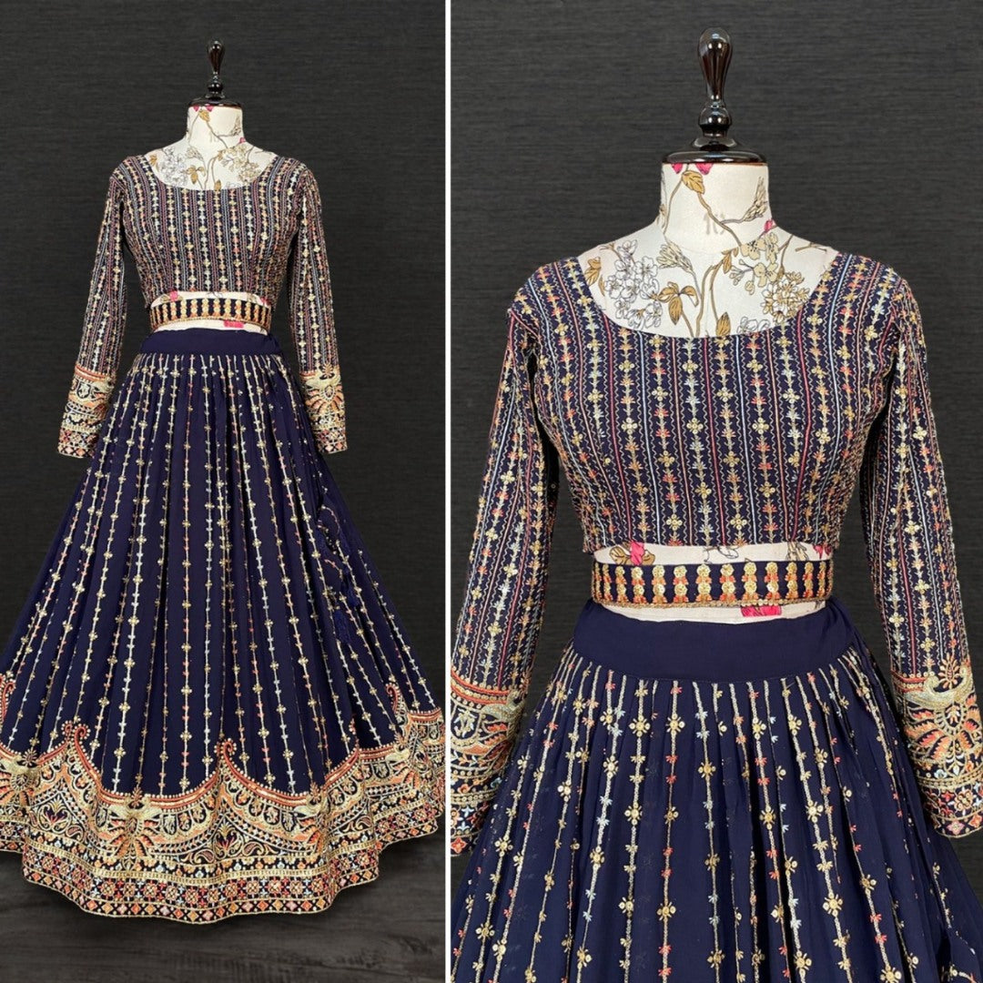 Navy blue heavy embroidered designer wedding lehenga choli