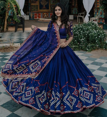 Navy blue heavy embroidery and mirror work designer wedding lehenga choli