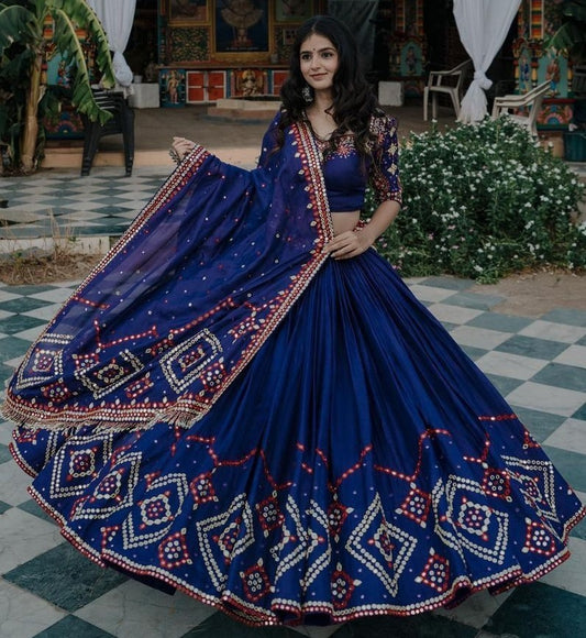 Navy blue heavy embroidery and mirror work designer wedding lehenga choli