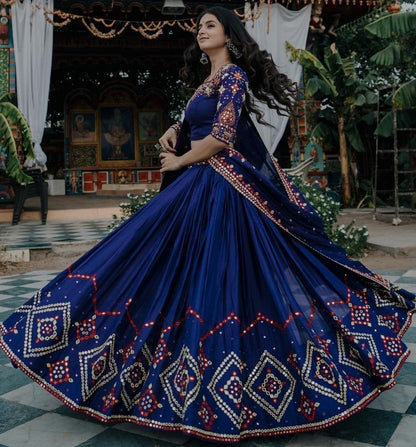 Navy blue heavy embroidery and mirror work designer wedding lehenga choli