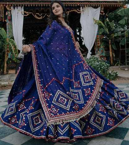Navy blue heavy embroidery and mirror work designer wedding lehenga choli