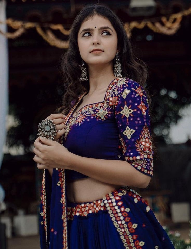 Navy blue heavy embroidery and mirror work designer wedding lehenga choli