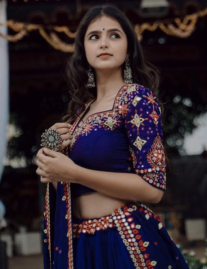 Navy blue heavy embroidery and mirror work designer wedding lehenga choli