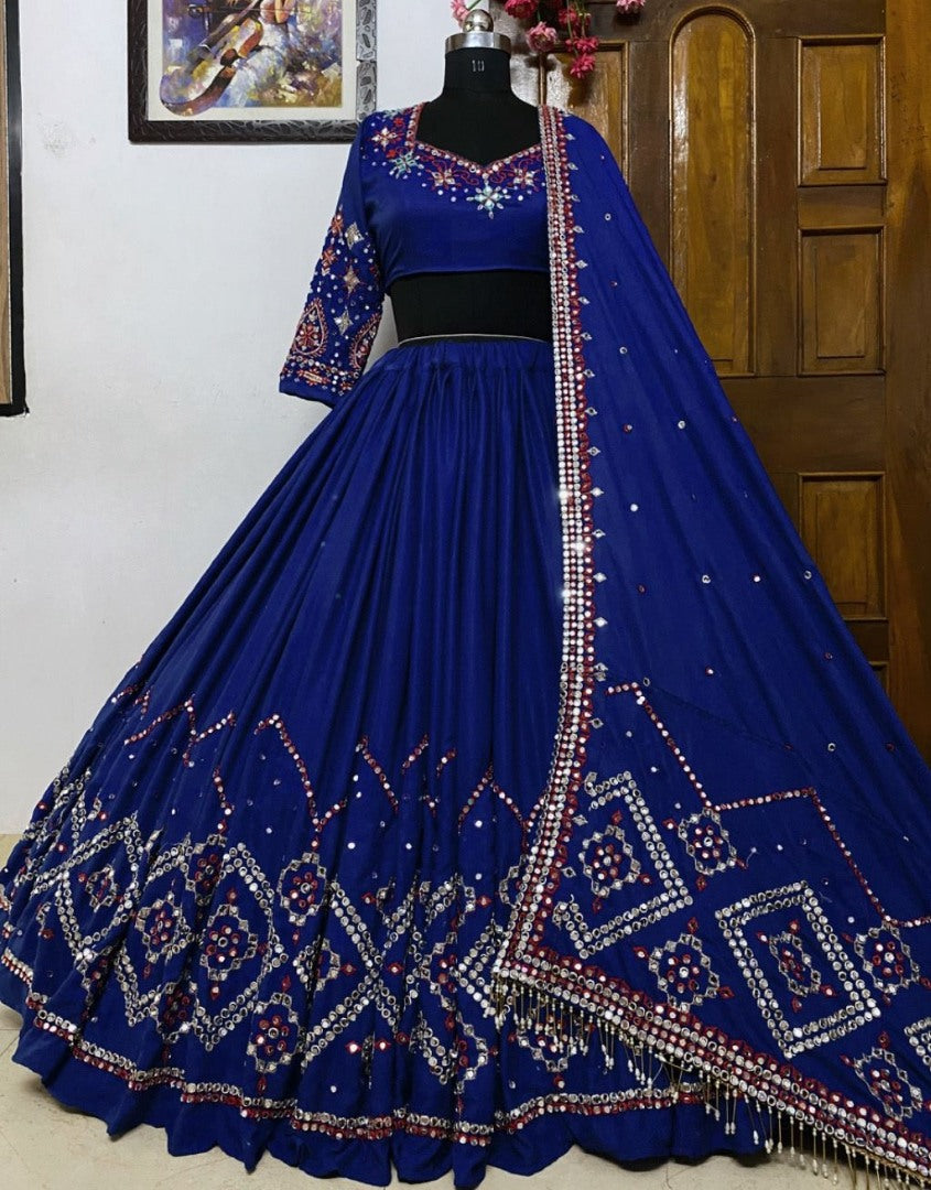 Navy blue heavy embroidery and mirror work designer wedding lehenga choli