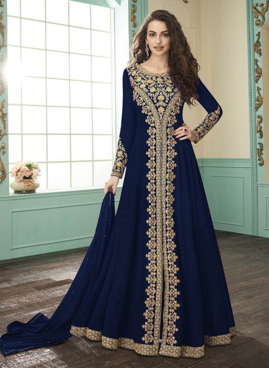 Navy blue heavy faux georgette embroidery stylist wedding gown