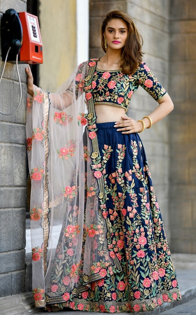Navy blue heavy resham embroidered bridal wedding lehenga choli
