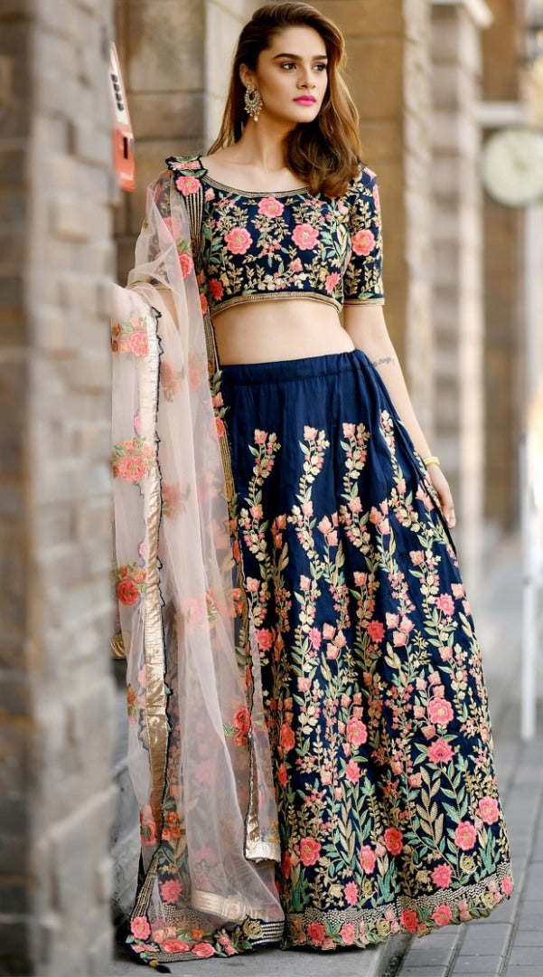 Navy blue heavy resham embroidered bridal wedding lehenga choli