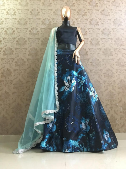 Navy blue heavy satin floral printed crop top lehenga