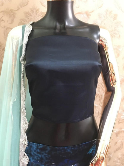 Navy blue heavy satin floral printed crop top lehenga