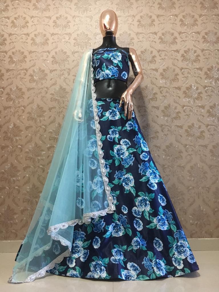 Navy blue heavy satin floral printed lehenga choli