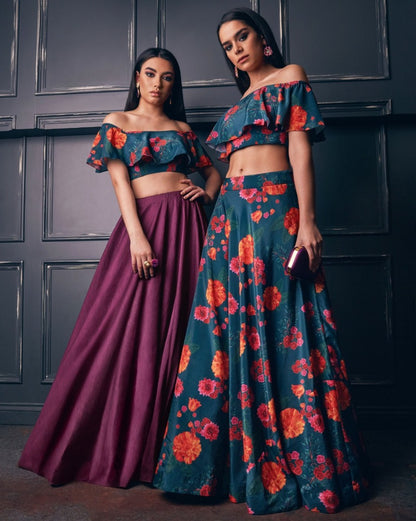 Navy blue heavy satin floral printed partywear lehenga choli