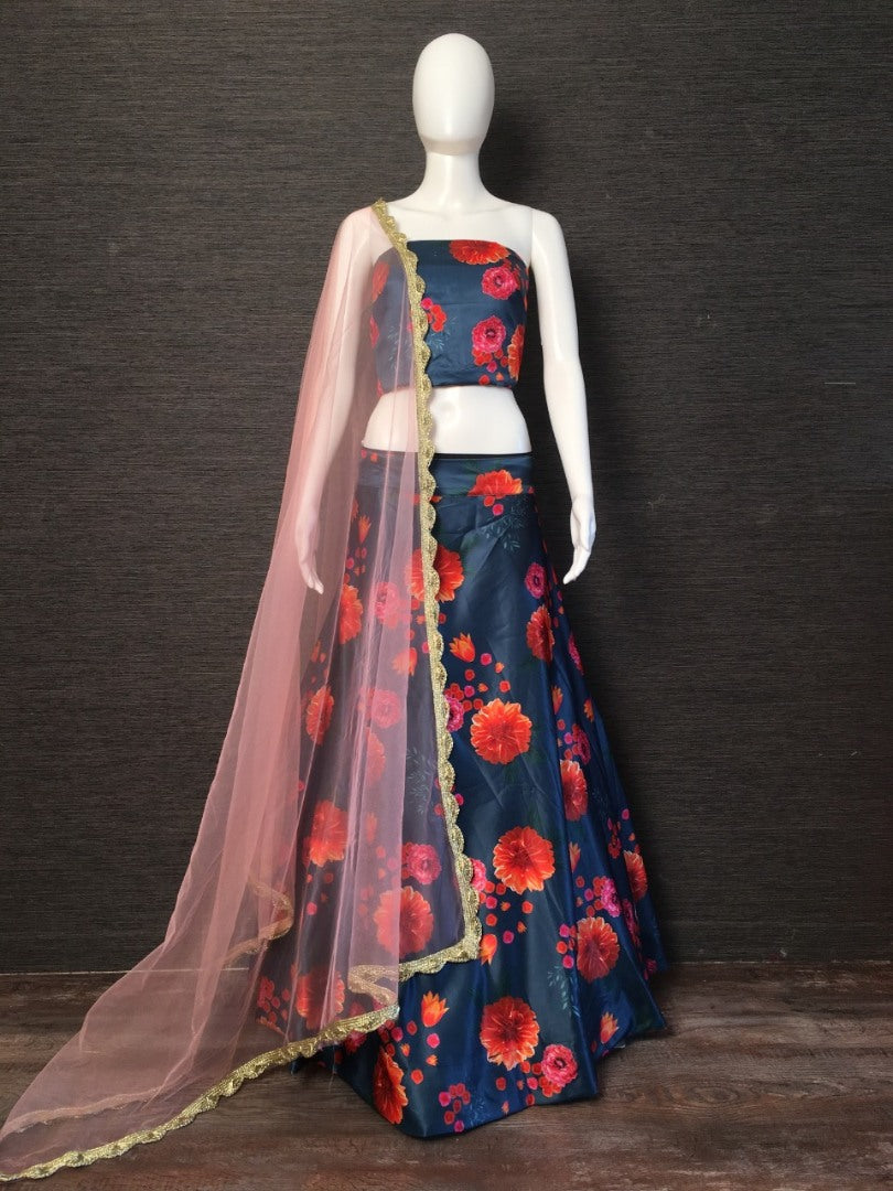 Navy blue heavy satin floral printed partywear lehenga choli
