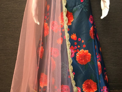 Navy blue heavy satin floral printed partywear lehenga choli