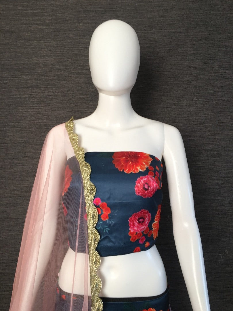 Navy blue heavy satin floral printed partywear lehenga choli