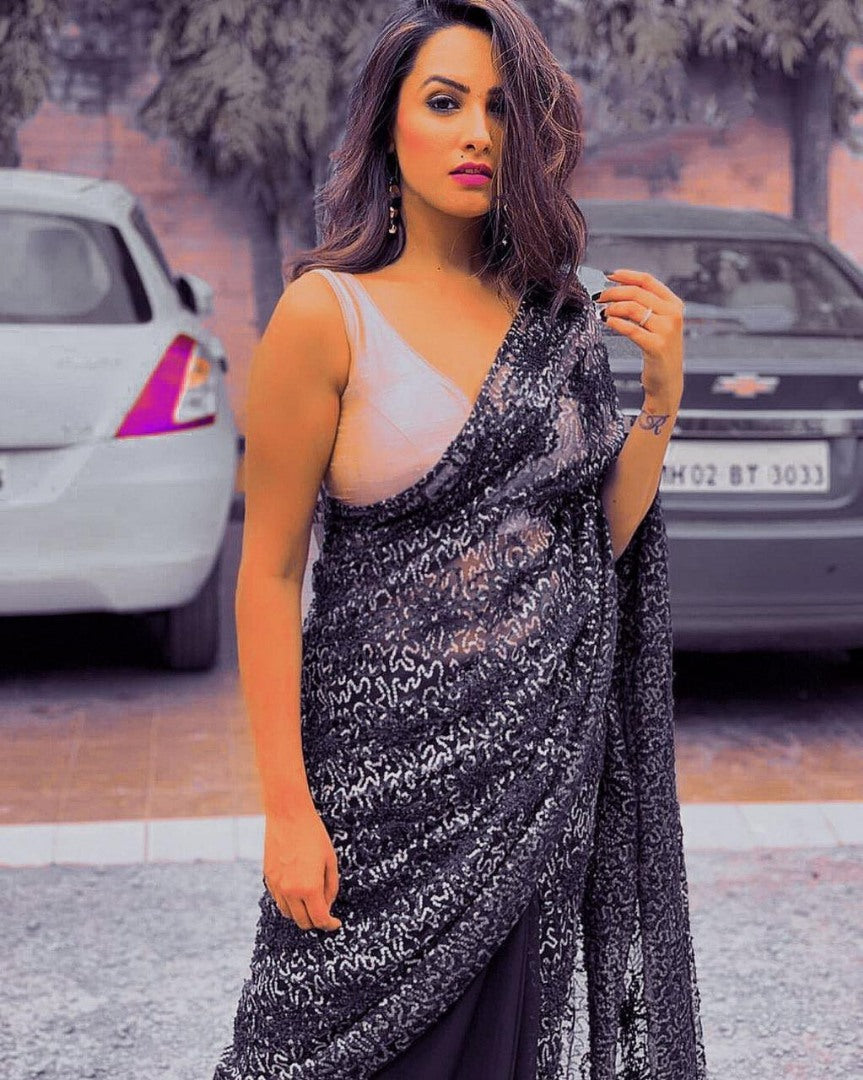 Navy blue heavy sequence worked net partywear saree