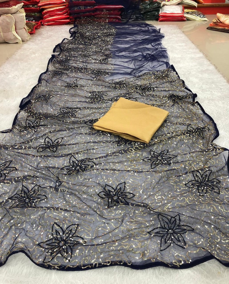 Navy blue heavy sequence worked net partywear saree