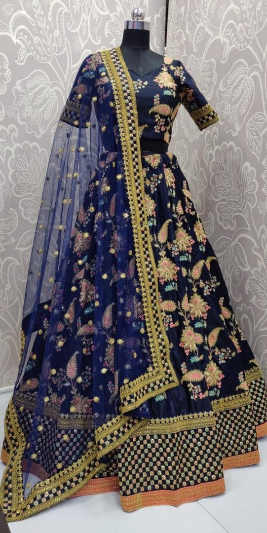Navy blue heavy tafeta silk designer embroidered bridal lehenga choli