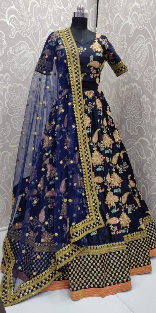 Navy blue heavy tafeta silk designer embroidered bridal lehenga choli
