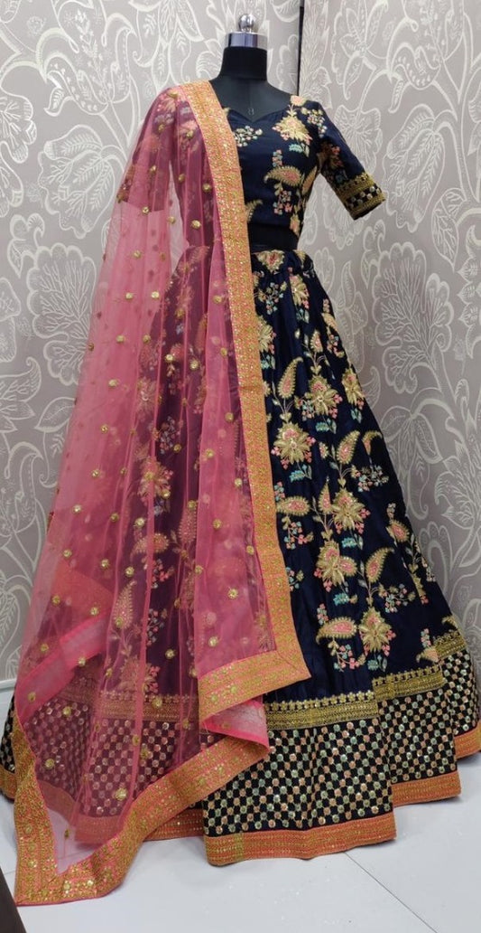 Navy blue heavy tafeta silk designer embroidered bridal lehenga choli